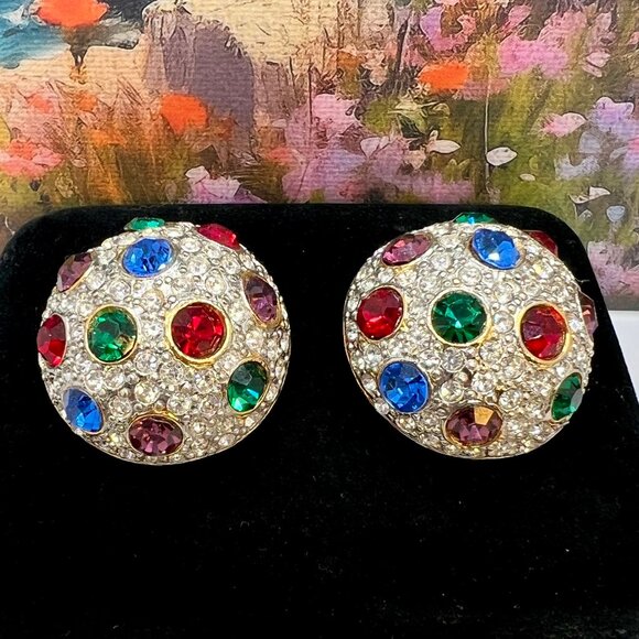 CZ Pave and Mughal Glass Dome CLIP Earrings - Picture 3 of 5